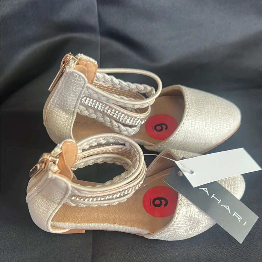 Tahari Cream and Gold Dress Shoes with Woven Ankle Strap